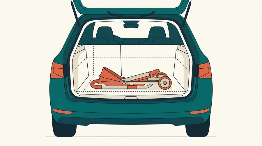Open car boot seen from behind with a folded pushchair inside and dashed guide lines across the width and depth