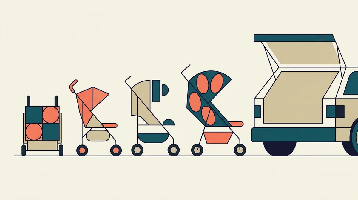Folded pushchairs lined up beside an open car boot