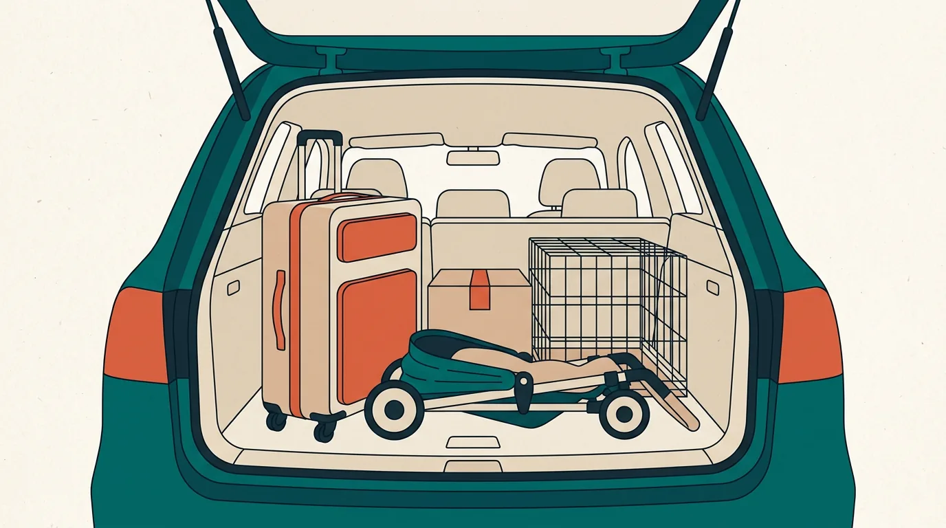 Open estate car boot loaded with a suitcase, a folded pushchair, a cardboard box and a pet crate