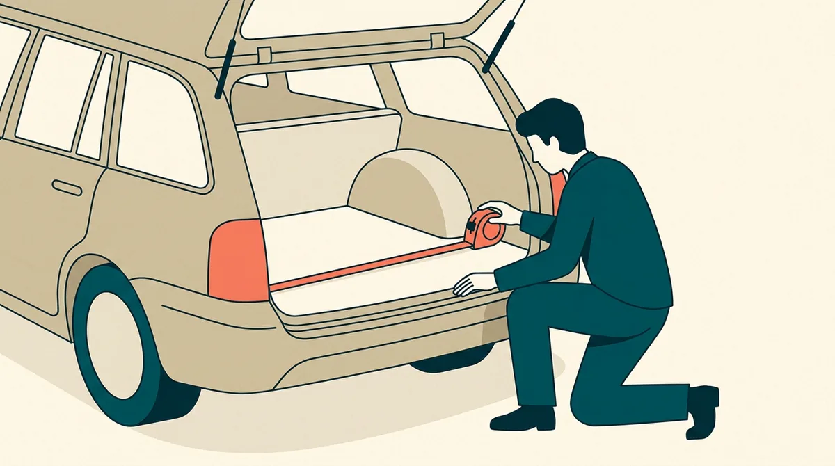 Someone kneeling at an open estate car boot, measuring the width between the wheel arches with a tape measure